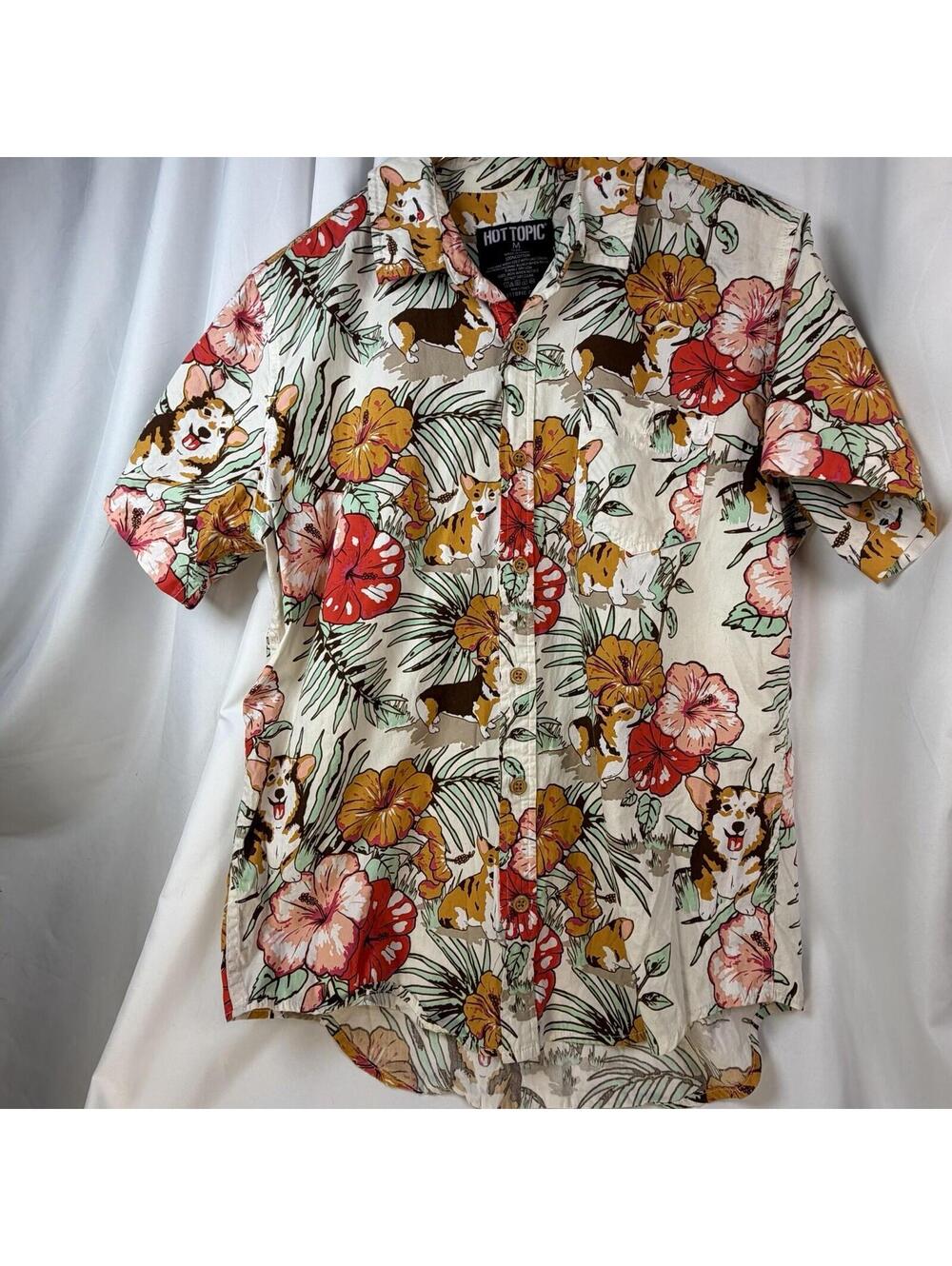 Hot Topic Corgi Tropical Hibiscus Floral Button Up Shirt Mens Medium Cream Short